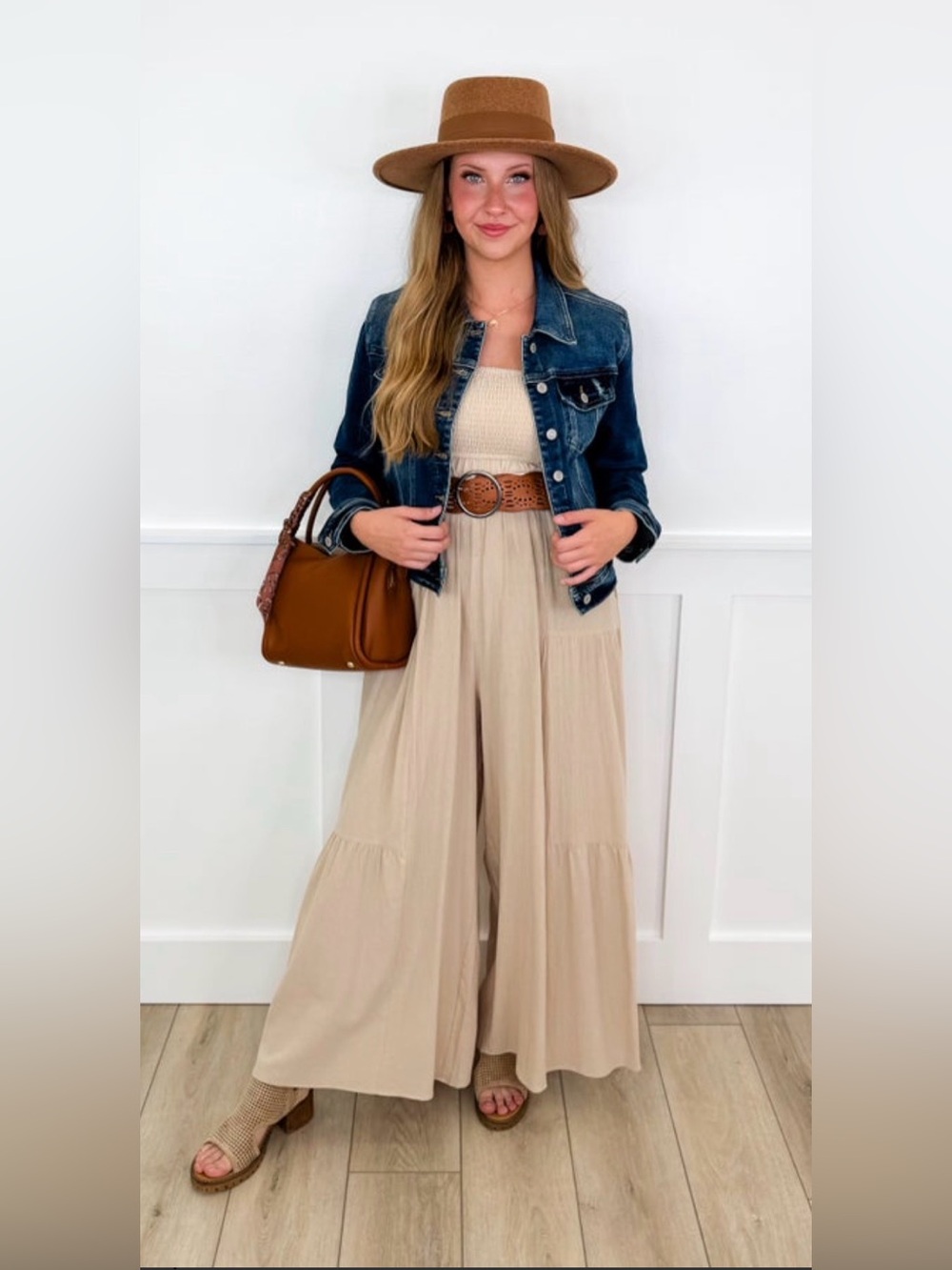 Polagram Beige Tie-Shoulder Smocked Jumpsuit
